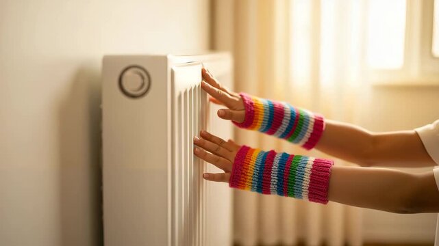 Child's hands in colorful wrist warmers warming on an electric radiator. Kid feeling the heat from a home heater during the cold winter season. Home heating and energy consumption concept