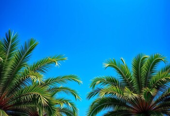 Fototapeta premium Lush green palm tree against vibrant blue sky, green, vacation