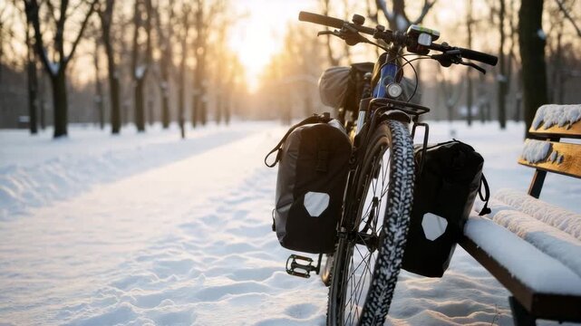 A touring bicycle with pannier bags parked in a snowy winter park. Close-up of a bike next to a bench during a golden hour sunset. Winter cycling and outdoor adventure concept