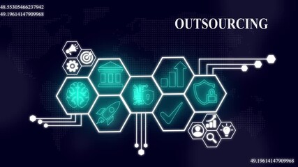 Global outsourcing concept digital animation with business icons and world map elements, Internet infrastructure concept map Abstract technology background - Powered by Adobe