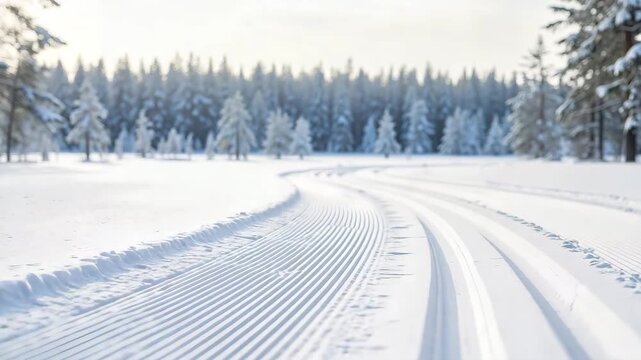 Vertical video of a groomed cross-country ski trail in a winter forest. Moving forward on a snowy path through a pristine landscape. Outdoor recreation concept