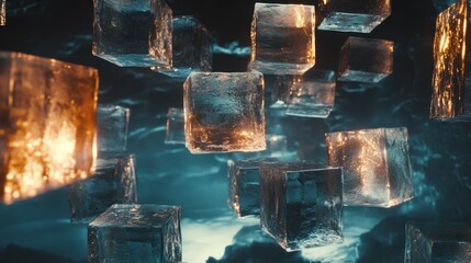 Abstract floating ice cubes, dark background, fiery glow, digital art