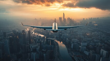 A plane is flying over a city with a river below