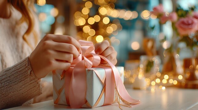 Woman tying pink ribbon on elegant gift box at cozy festive table, warm bokeh lights and flowers. gift wrapping. Concept holiday preparation and heartfelt celebration, empty space for text, copyspace - Powered by Adobe