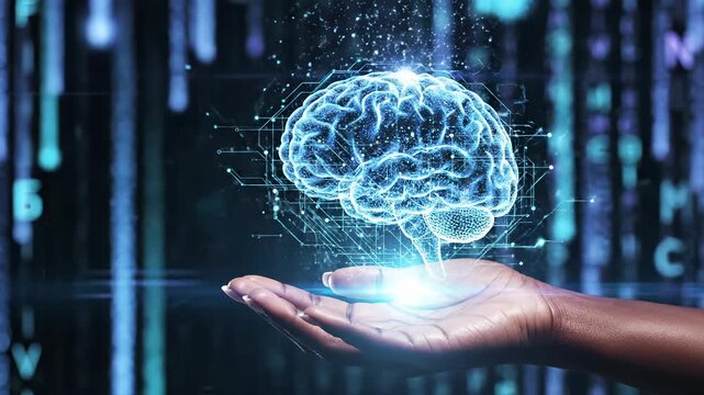 Brain hologram floats over outstretched hand against data stream. A futuristic shot of artificial intelligence and innovation. . Mind control, medical technology, neural network.