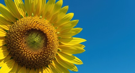 Vibrant yellow sunflower head against a backdrop of deep, clear blue sky on a warm, sunny day, representing nature's beauty and summer joy ,agriculture ,botany ,plant