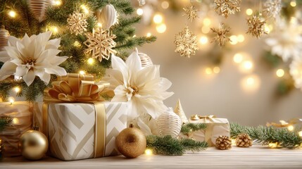 Elegant Christmas composition with white poinsettias, golden snowflakes, pine branches, and gift boxes with ribbons on glowing bokeh background. luxury winter holiday celebration, neutral background