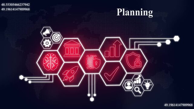 Futuristic digital planning interface over a blue dotted world map on a black background, Internet infrastructure concept map Abstract technology background - Powered by Adobe