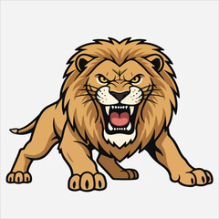 A cartoon lion with an open mouth and sharp teeth in a threatening stance against a plain white background.