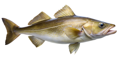 An artistic rendering of a codfish, viewed from the side with its fins spread and mouth agape, isolated against a pure transparent background for clear presentation