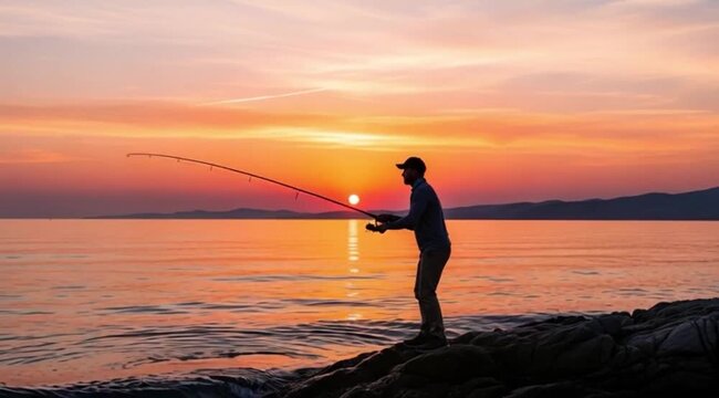 Silhueta de homem pescando com vara de pesca ao p&ocirc;r-do-sol.