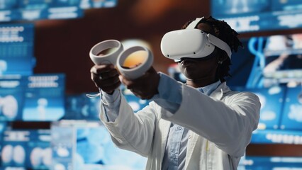 Virtual reality tech used by healthcare researcher analyzing medical data visualizations, doing disease prevention. VR goggles equipment used by scientist doing patient scans research, camera B
