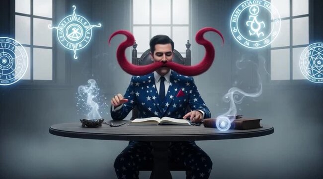 Um M&aacute;gico com bigode grande vermelho sentado na mesa do escrit&oacute;rio lendo um livro de magia.