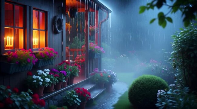 Cabana de madeira decorada com flores. Clima de chuva.