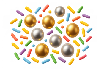 Colorful candy sprinkles and metallic sugar pearls falling, sweet dessert decoration with transparent background
