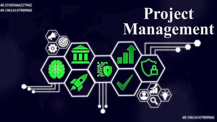 Digital project management with world map and business strategy symbols animation, Internet infrastructure concept map Abstract technology background