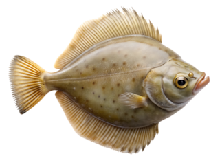A detailed studio shot of a fresh european flounder fish, isolated on a transparent background, showcasing its unique flat body and speckled skin, perfect for culinary or biological themes
