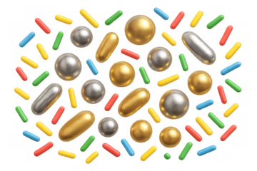 Metallic gold and silver sprinkles falling, colorful sweet candy decor for celebration designs, transparent background