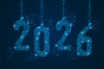 Abstract isolated blue image of new year number 2026. Polygonal low poly wireframe illustration looks like stars in the black night sky in space or flying glass shards. Digital web, internet design.