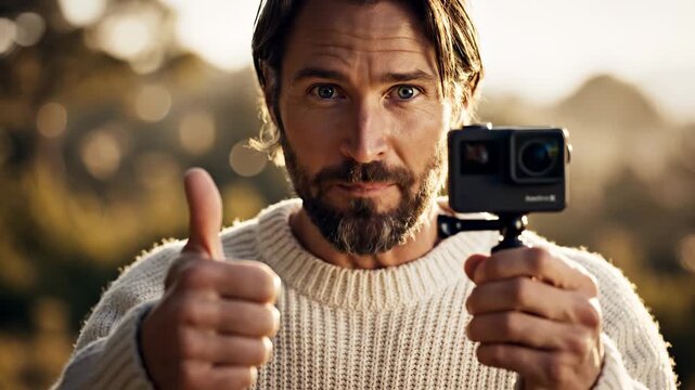 Man holding camera, filming outdoor adventure. Authentic POV shot capturing excitement. Content creation, action sports, outdoor lifestyle.