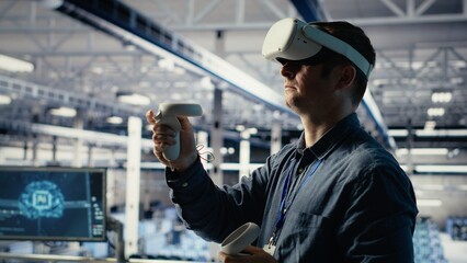 Data center system administrator uses virtual reality tech, improving AI rigs processing speed. Man in server farm wearing VR goggles to provide support for artificial intelligence workloads, camera B