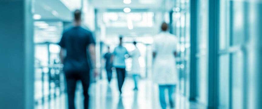 Blurred medical staff walking down a bright blue and white hospital corridor, symbolizing teamwork, daily routines, and the quiet determination of professionals in a clean and modern clinical setting.