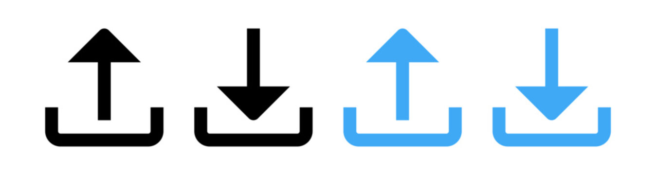 Set of upload and download icons arrow symbol in black and blue outline styles. Perfect for data transfer, cloud storage, file sharing, transferring, saving, app interfaces, and modern digital designs