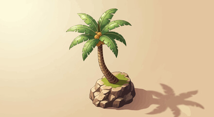 Tropical Paradise Island with Palm Tree on Rocky Outcrop Shading Sand