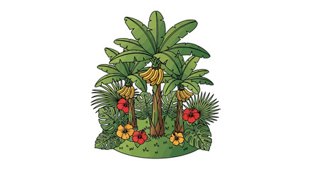 Vibrant tropical paradise with banana trees, hibiscus, and monstera leaves