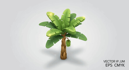 Stylized Tropical Banana Tree Illustration with Green Leaves and Fruit
