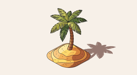 Stylized cartoon illustration of a palm tree on a sandy island
