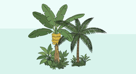 Tropical Banana Palm Grove Sketch Illustration on Light Green Background