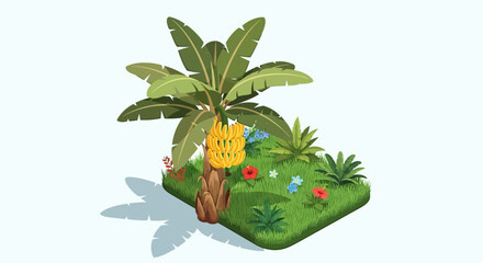 Tropical banana tree with ripe fruits and fresh green vegetation around it