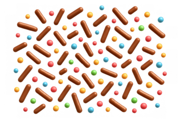 Chocolate sprinkles and colorful sugar pearls falling, sweet candy topping on transparent background