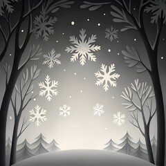 Winter forest scene with snowflakes and bare trees under twilight  