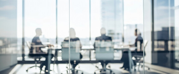 Silhouettes of people in a bright modern office meeting room, engaged in a focused discussion with sunlight streaming through large glass windows, creating a dynamic and elegant workspace atmosphere.