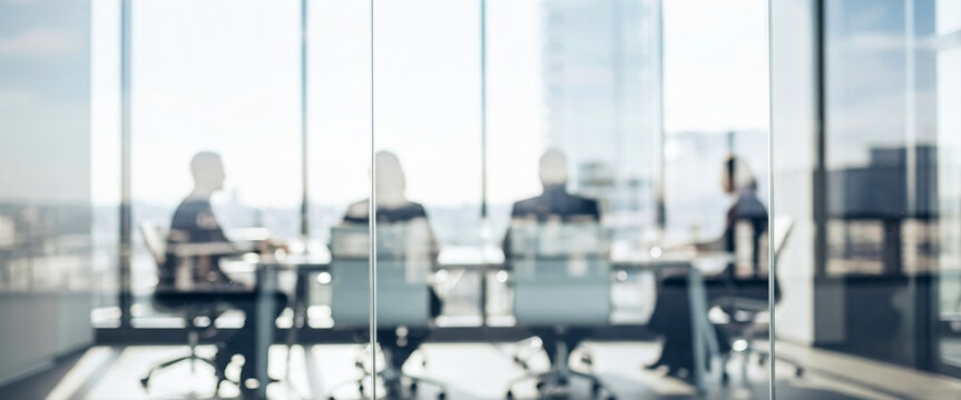 Silhouettes of people in a bright modern office meeting room, engaged in a focused discussion with sunlight streaming through large glass windows, creating a dynamic and elegant workspace atmosphere.