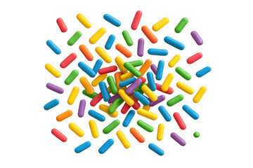 Colorful candy sprinkles falling, sweet sugar jimmies for dessert decoration on transparent background