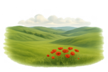 Rolling green hills landscape with red poppies in foreground, tranquil rural nature scene, transparent background