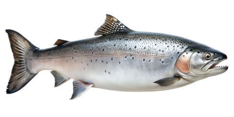 A whole salmon fish swimming horizontally, isolated on transparent background
