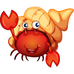 Cartoon hermit crab with a big seashell on its back waving its claw happily against a transparent background