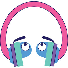 Cartoon headphones with a sad face featuring blue eyes and purple accents on a transparent background a playful and emotional graphic element