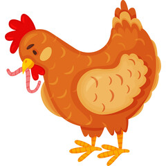 Cartoon Hen Eating Worms Against Transparent Background Cute Farm Animal Illustration