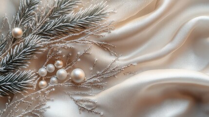 delicate twigs and pine branches embroidered with white pearls on textured silk satin fabric with elegant folds. minimal clean composition with copy space. luxury holiday branding, winter aesthetic.
