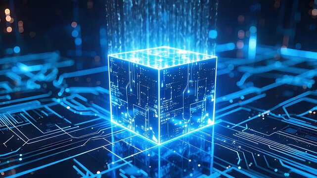 Glowing blue digital cube on circuit board, abstract data streams. Represents AI, big data, blockchain, and futuristic computing in a connected digital world.