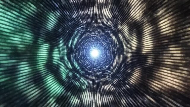 A luminous light at the end of a tunnel made of concentric rings and parallel lines