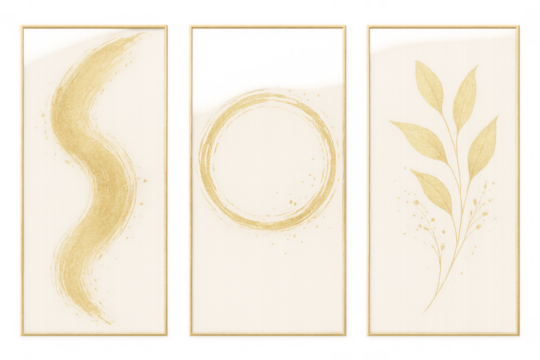 Golden abstract botanical frames triptych with transparent background