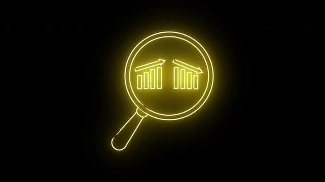 Neon yellow graphic of a magnifying glass revealing charts going up and down on a black background