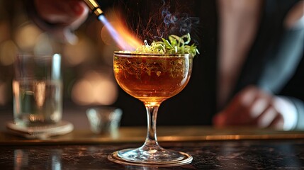 Fototapeta premium Artisan Cocktail with Flaming Garnish in Elegant Bar Setting Showcasing Skillful Mixology Techniques