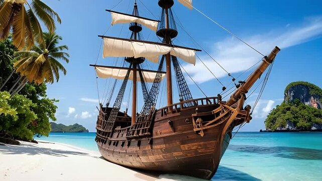 Vintage wooden tall ship on pristine tropical beach with turquoise water and swaying palm trees under a clear blue sky, evoking adventure and paradise.